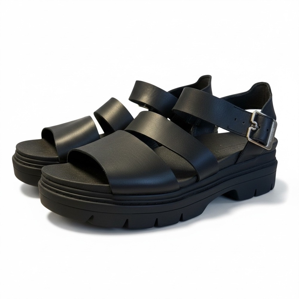 Dr Scholls Trekkie Black Leather Ankle Strap Platform Sandal Women 10M Lug Sole